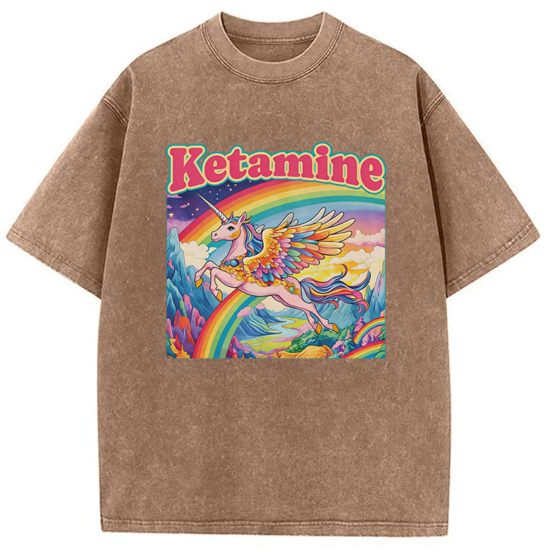 Modecanvas Ketamine Rainbow Unicorn Funny Meme DTG Printing Washed T-Shirt
