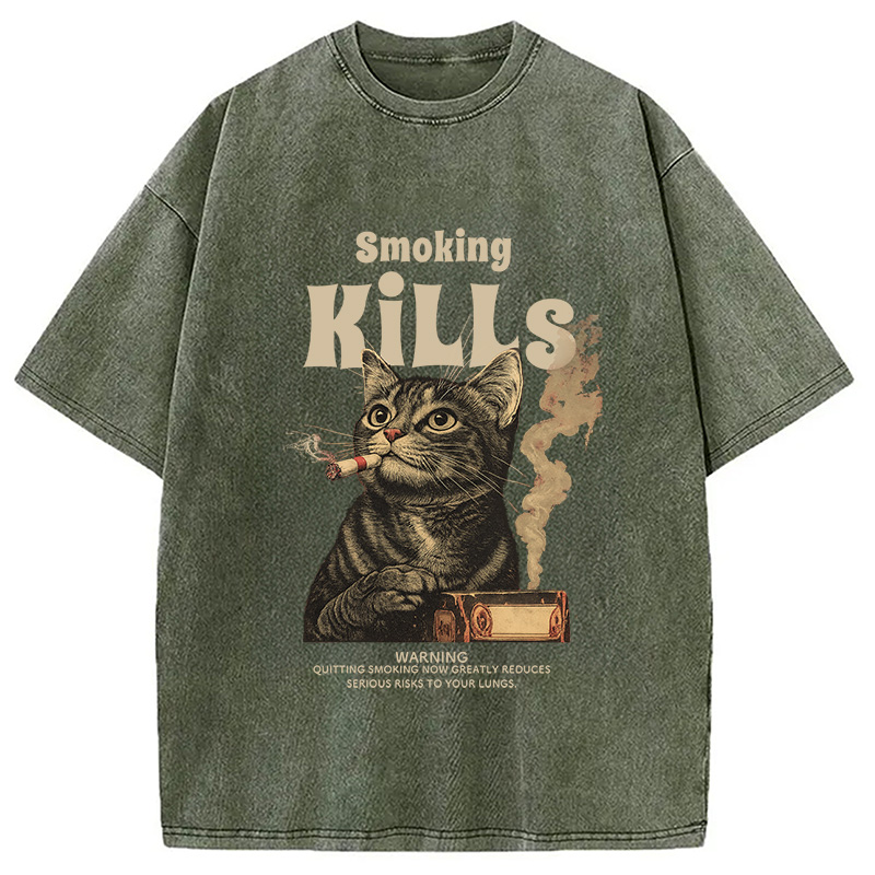 Modecanvas Smoking Mills Cat Meme Washed T-Shirt-modecanvas