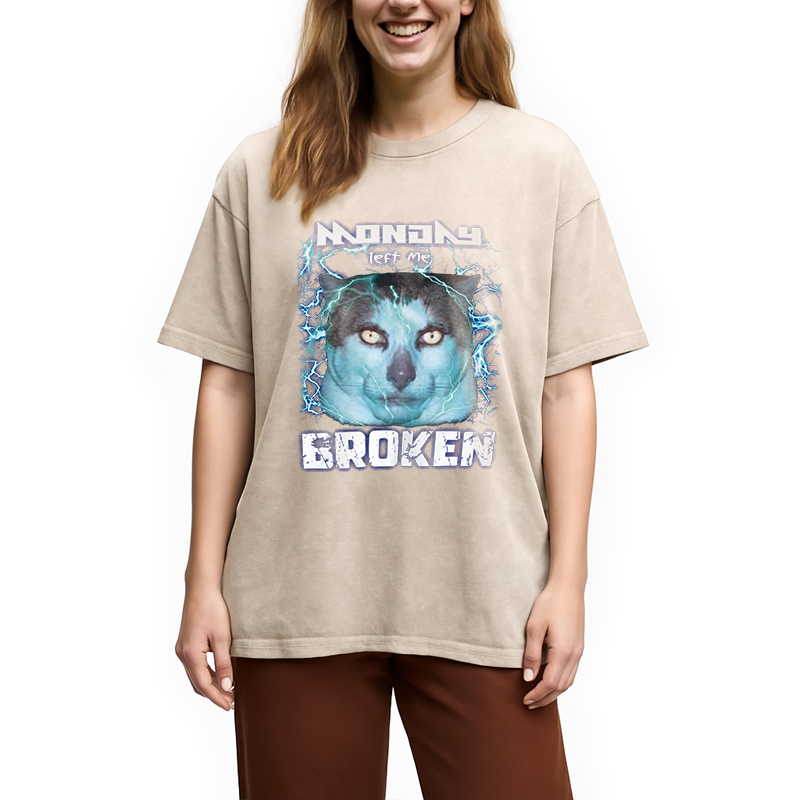 Modecanvas Monday Left Me Broken Cat DTG Printing Washed T-Shirt