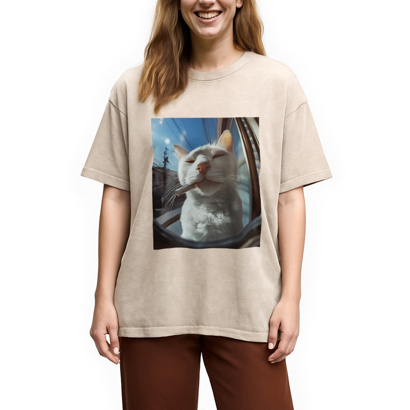 Modecanvas Smoking Cat Meme Washed T-Shirt