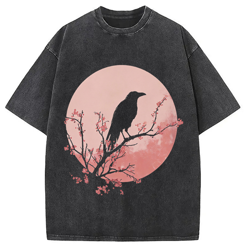 Modecanvas Crow Pink Moon DTG Printing Washed T-Shirt