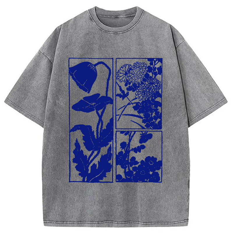 Modecanvas Woodcut Flowers Washed T-Shirt-modecanvas