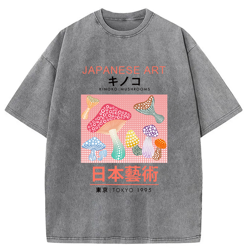 Modecanvas Pink Mushroom Japanese Art Washed T-Shirt