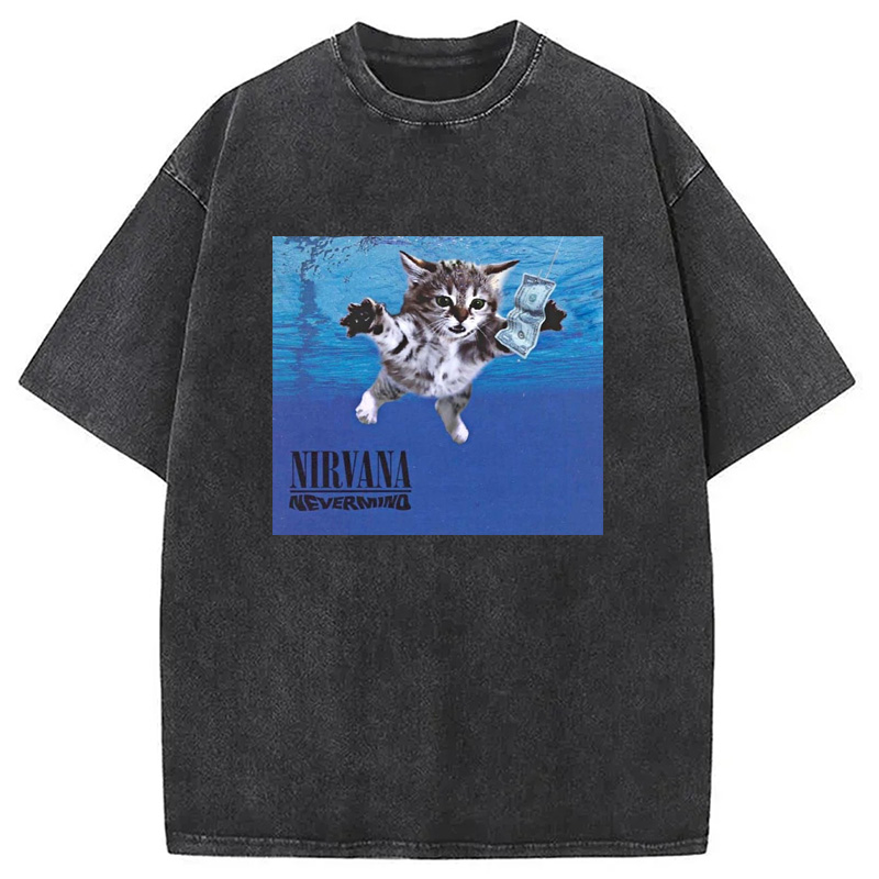 Modecanvas Nirvana Band Cat Washed T-Shirt-modecanvas