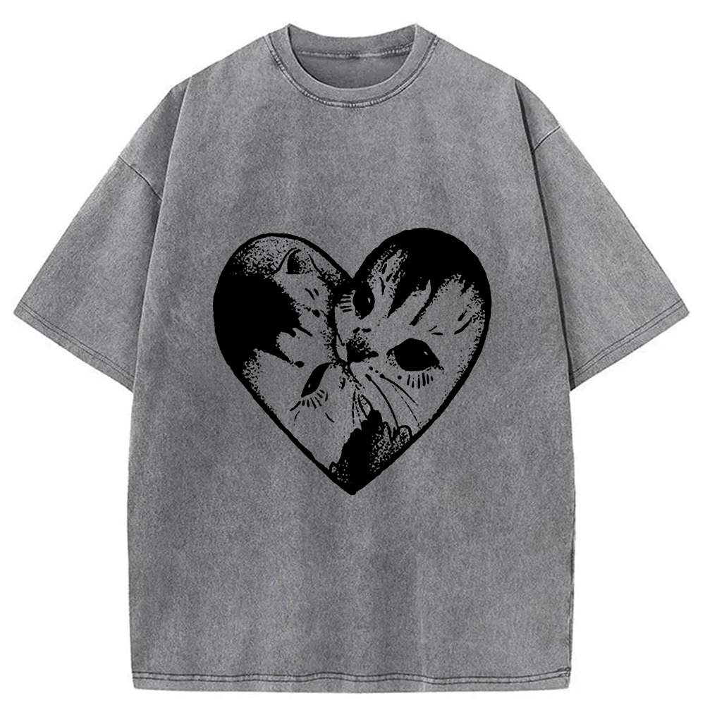 Modecanvas Heart Double Cats Washed T-Shirt