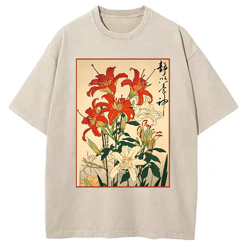 Modecanvas Red And White Lilies DTG Printing Washed T-Shirt