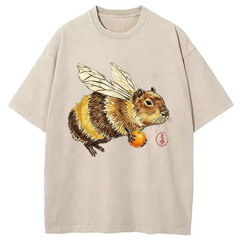 Modecanvas Funny Capybara Bee Meme DTG Printing Washed T-Shirt