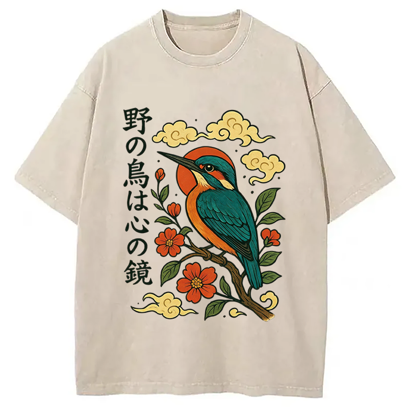Modecanvas Japanese Kingfisher DTG Printing Washed T-Shirt