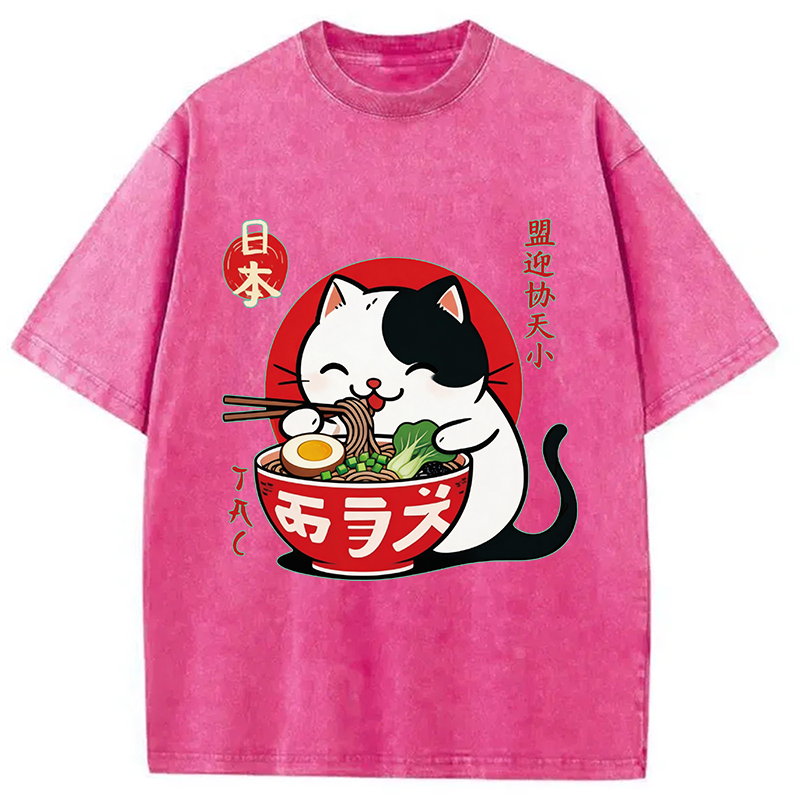 Modecanvas Japanese Ramen Cat DTG Printing Washed T-Shirt
