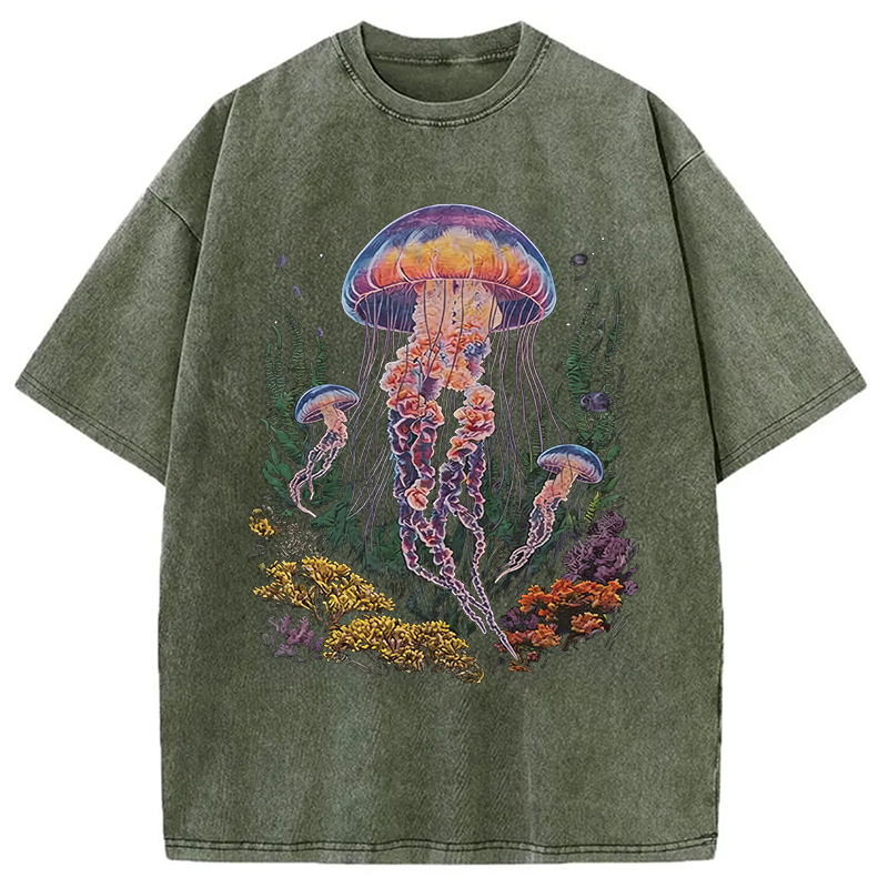 Modecanvas Vintage Jellyfish Dark Ocean Grunge DTG Printing Washed T-Shirt