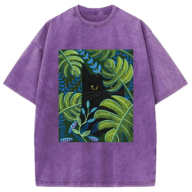 Modecanvas Cat In The Monstera DTG Printing Washed T-Shirt
