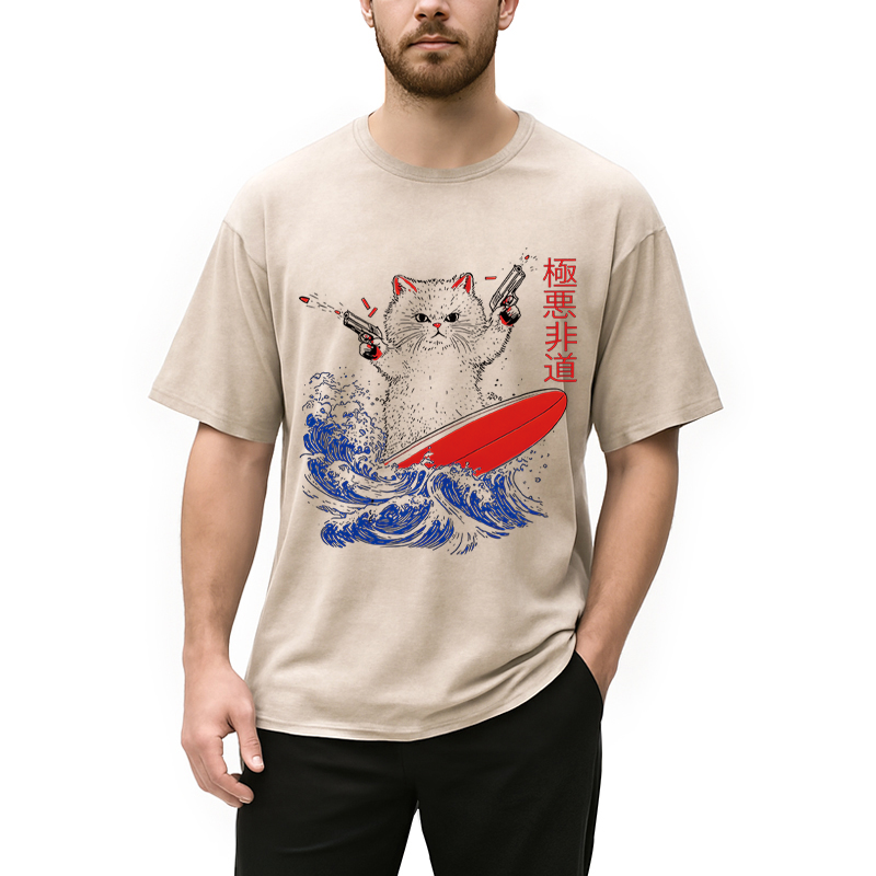 Modecanvas 90s Kitten Surf DTG Printing Washed T-Shirt-modecanvas
