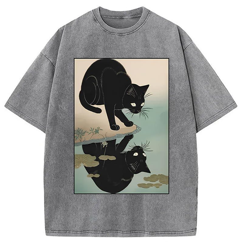 Modecanvas Cat Drinking River Water Washed T-Shirt