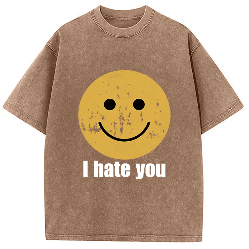 Modecanvas I Hate You Smiley Face Washed T-Shirt-modecanvas