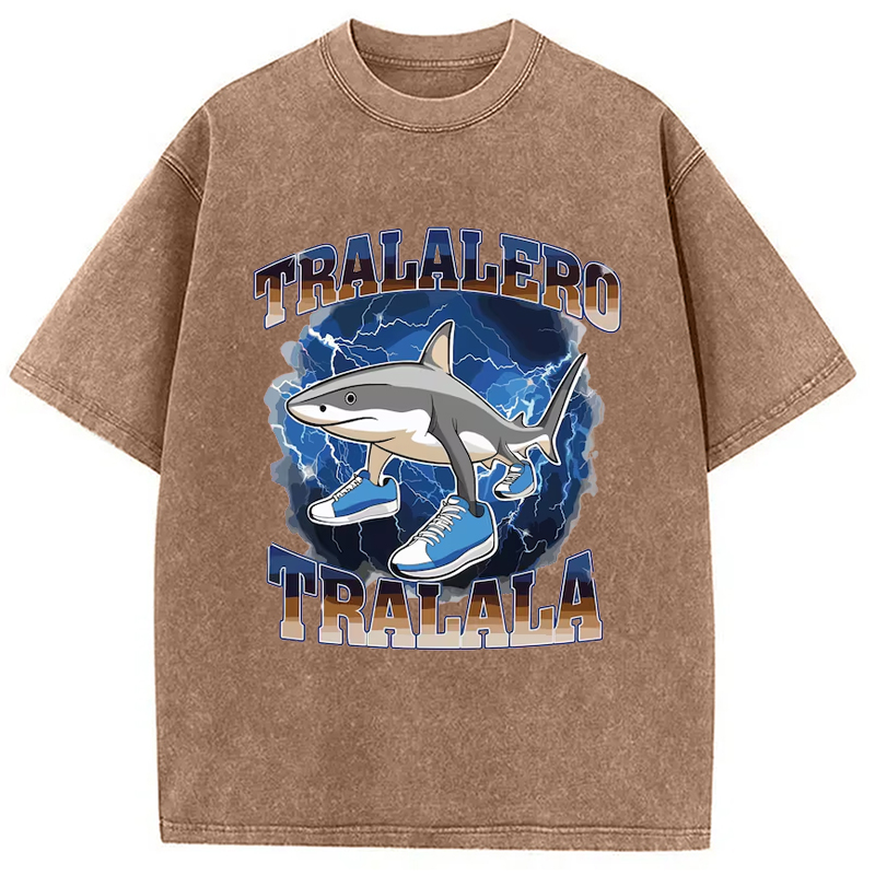 Modecanvas Tralalero Tralala Funny Shark Meme Washed T-Shirt-modecanvas