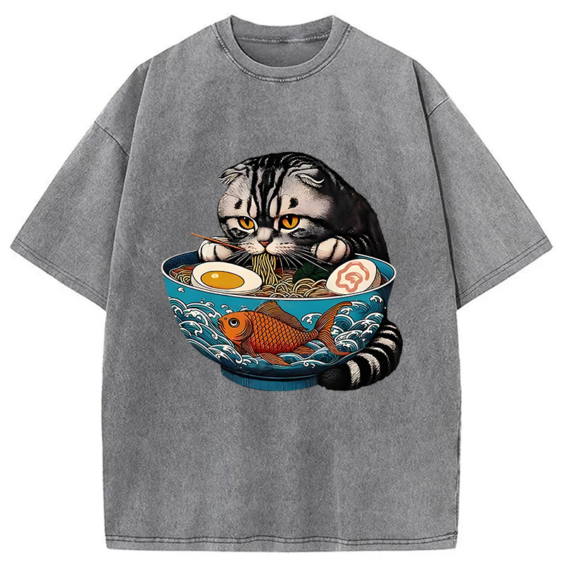 Modecanvas American Shorthair Cat Eating Ramen Washed T-Shirt