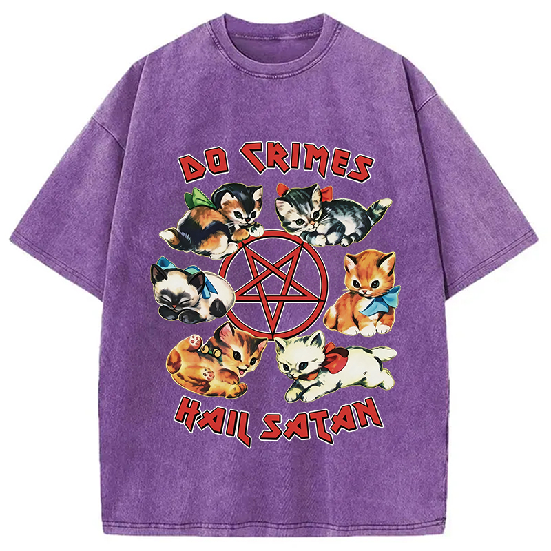 Modecanvas Cute Cats Do Crimes Hail Satan DTG Printing Washed T-Shirt
