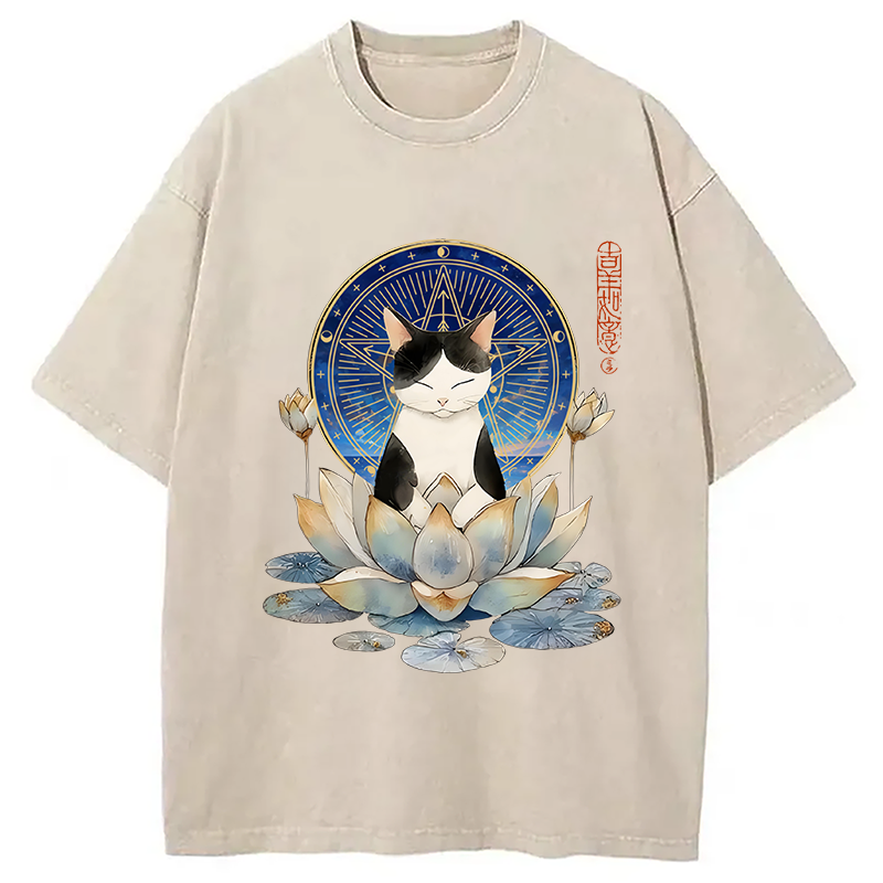 Modecanvas Funny Cat Lotus Zen Auspiciousness Washed T-Shirt