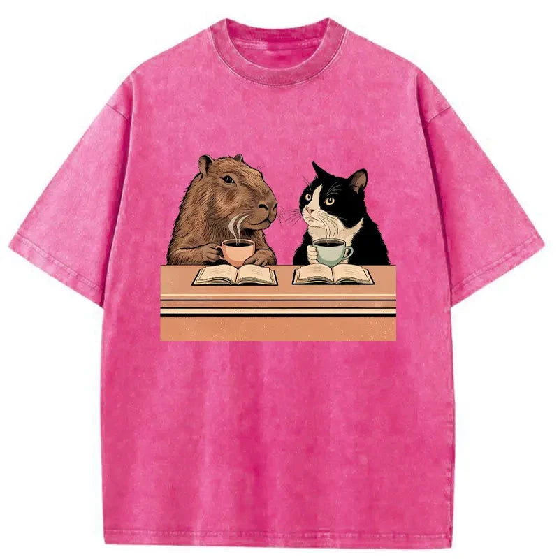 Modecanvas Capybara And Cat Talk Washed T-Shirt-modecanvas
