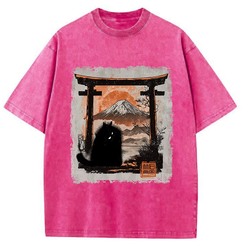 Modecanvas Mt. Fuji Guardian Cat Washed T-Shirt