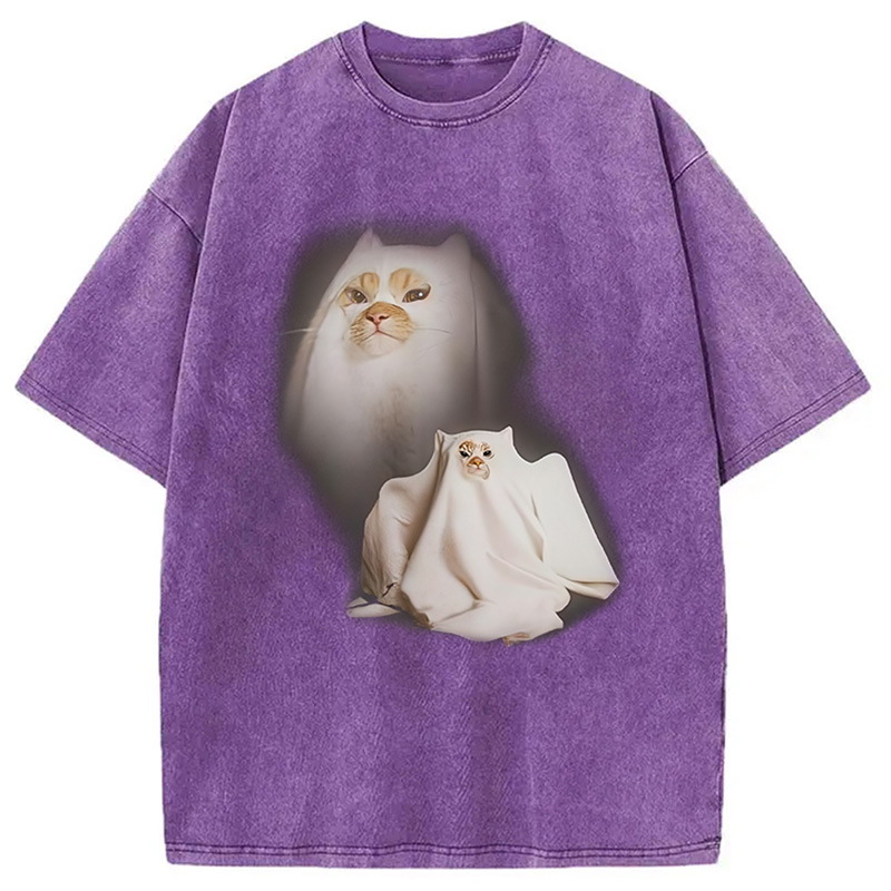 Modecanvas Ghost Cat Meme Washed T-Shirt-modecanvas