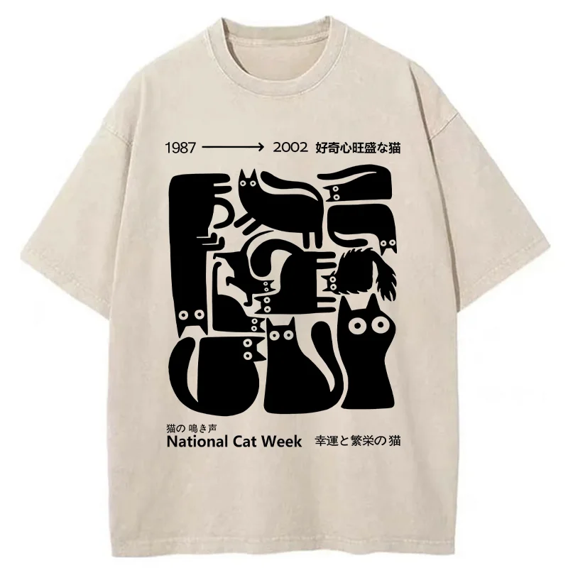Modecanvas Curious Funny Cat Washed T-Shirt