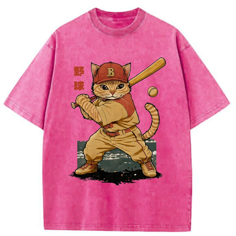 Modecanvas Baseball Cat Player Washed T-Shirt
