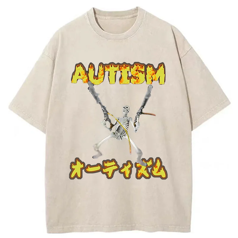 Modecanvas Autism Funny Skeleton DTG Printing Washed T-Shirt-modecanvas