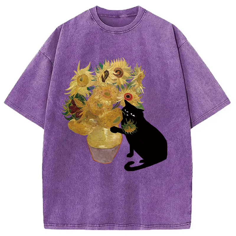 Modecanvas Cat Stealing Flowers Washed T-Shirt