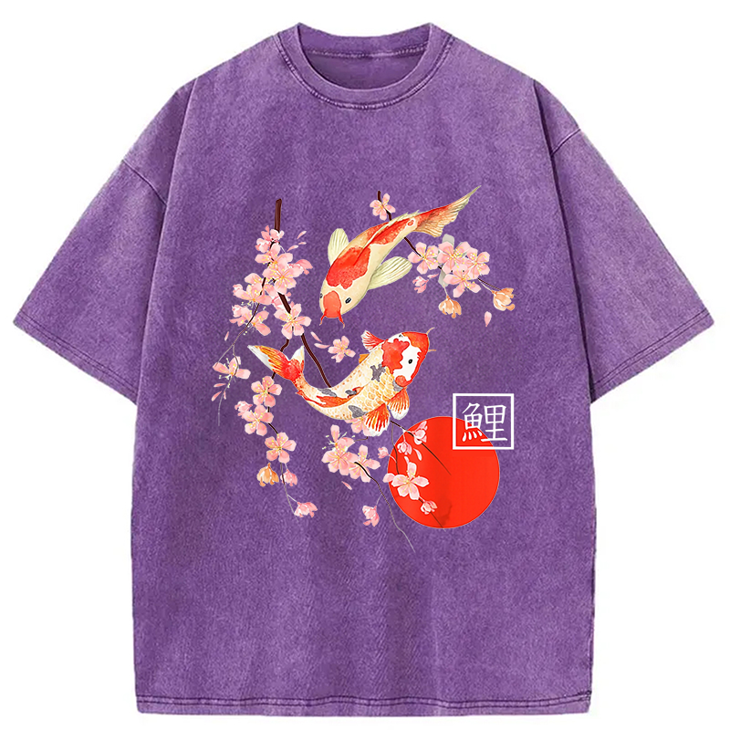 Modecanvas Cherry Blossom Koi Carp Fish Japanese Sakura Washed T-Shirt