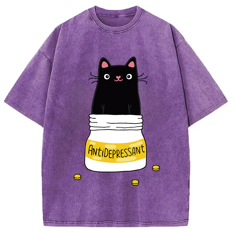 Modecanvas Cute Cat Antidepressant Funny Meme Washed T-Shirt