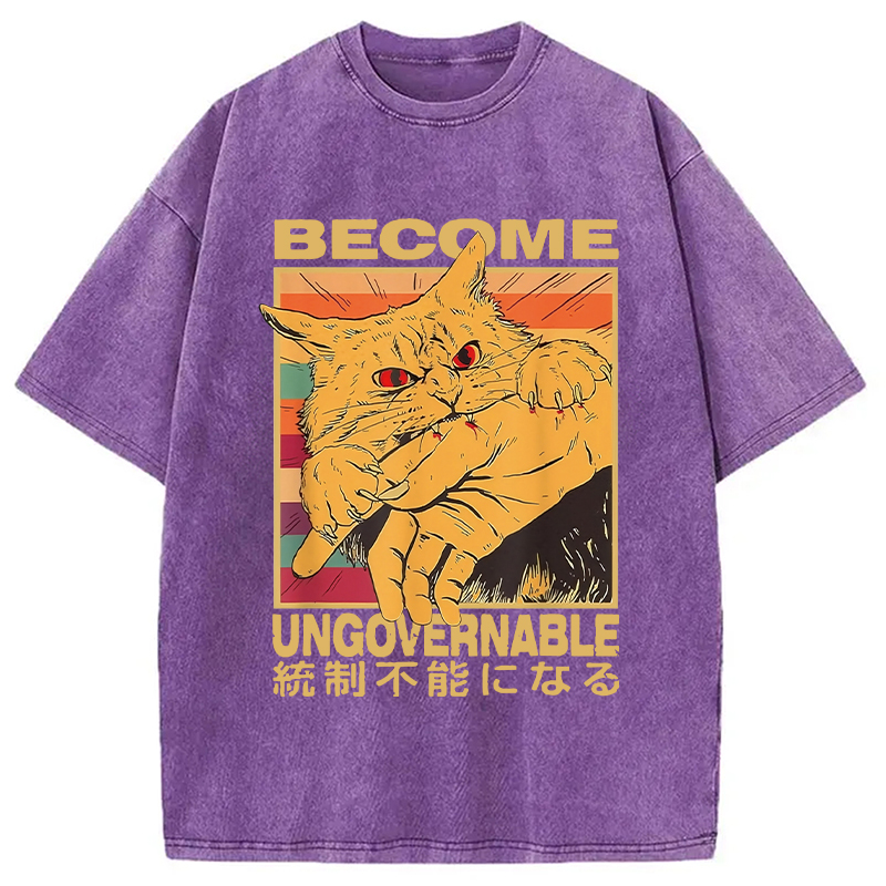 Modecanvas Become Ungovernable Funny Japanese Cat Bite Washed T-Shirt