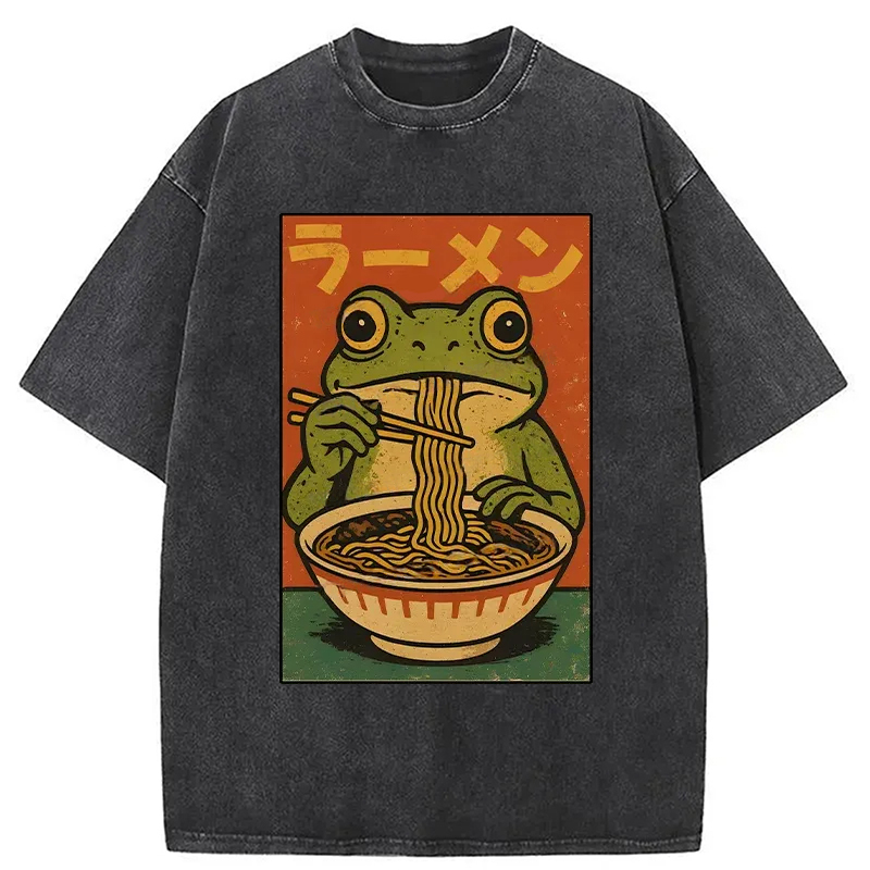 Modecanvas Frog Eating Ramen Retro Washed T-Shirt