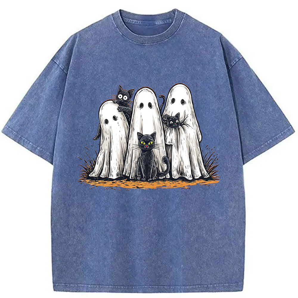Modecanvas Black Cat Ghost Halloween Washed T-Shirt