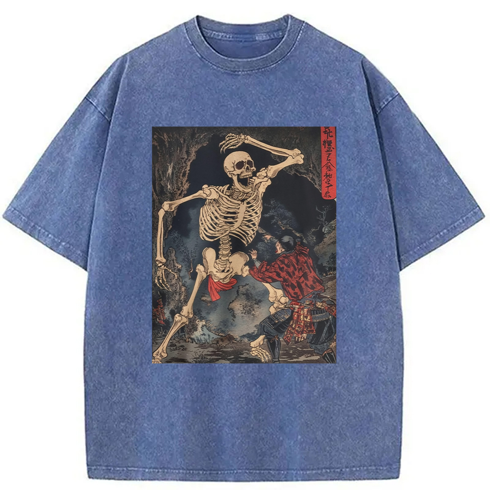 Modecanvas Japanese Horror Skeleton DTG Printing Washed T-Shirt-modecanvas