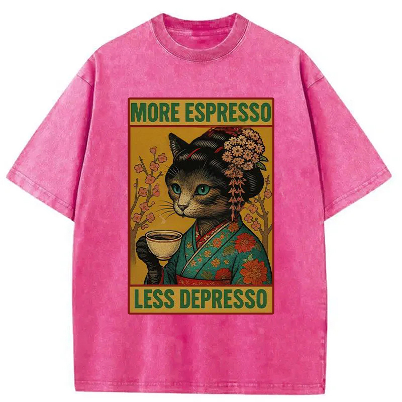 Modecanvas Geisha Cat Drinking Coffee Washed T-Shirt