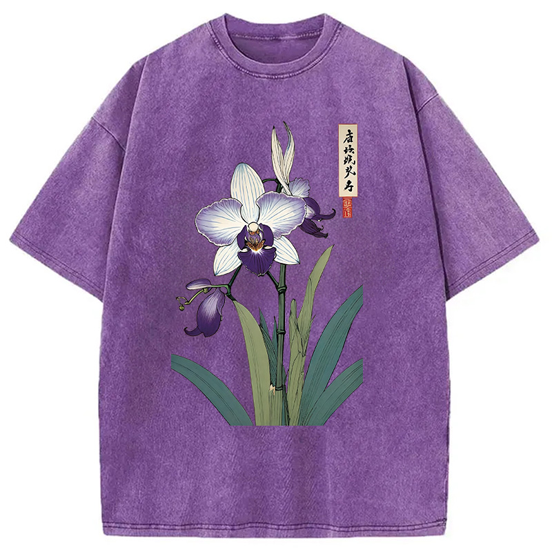 Modecanvas Orchid Ukiyo-e Japanese Washed T-Shirt