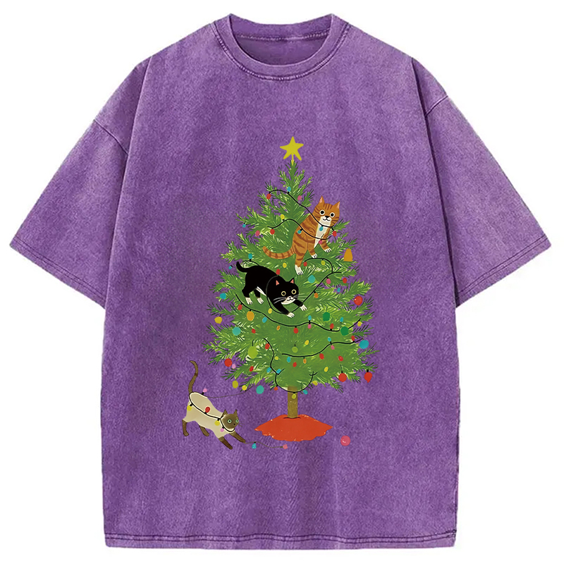Modecanvas Cats Playing On The Christmas Tree Washed T-Shirt