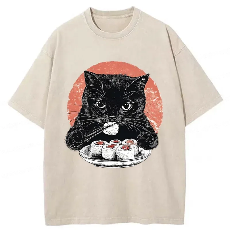 Modecanvas Cat Eating Delicious Sushi Washed T-Shirt