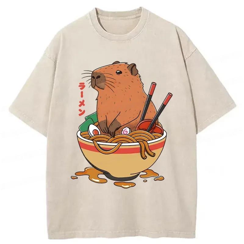 Modecanvas Capybara Ramen Funny Washed T-Shirt-modecanvas
