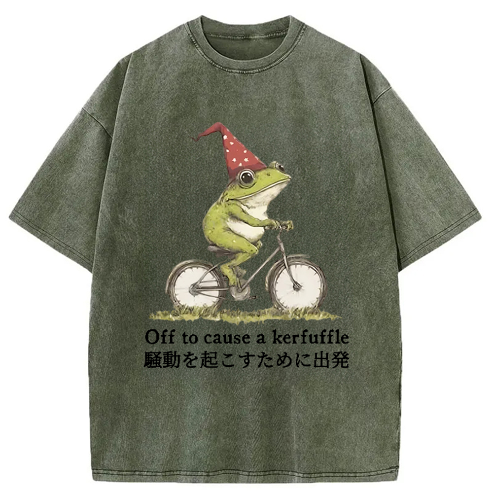 Modecanvas Frog Riding A Bicycle Washed T-Shirt