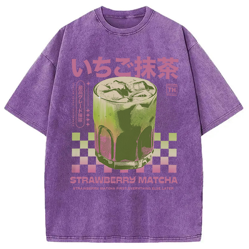 Modecanvas Strawberry Matcha Drink Washed T-Shirt
