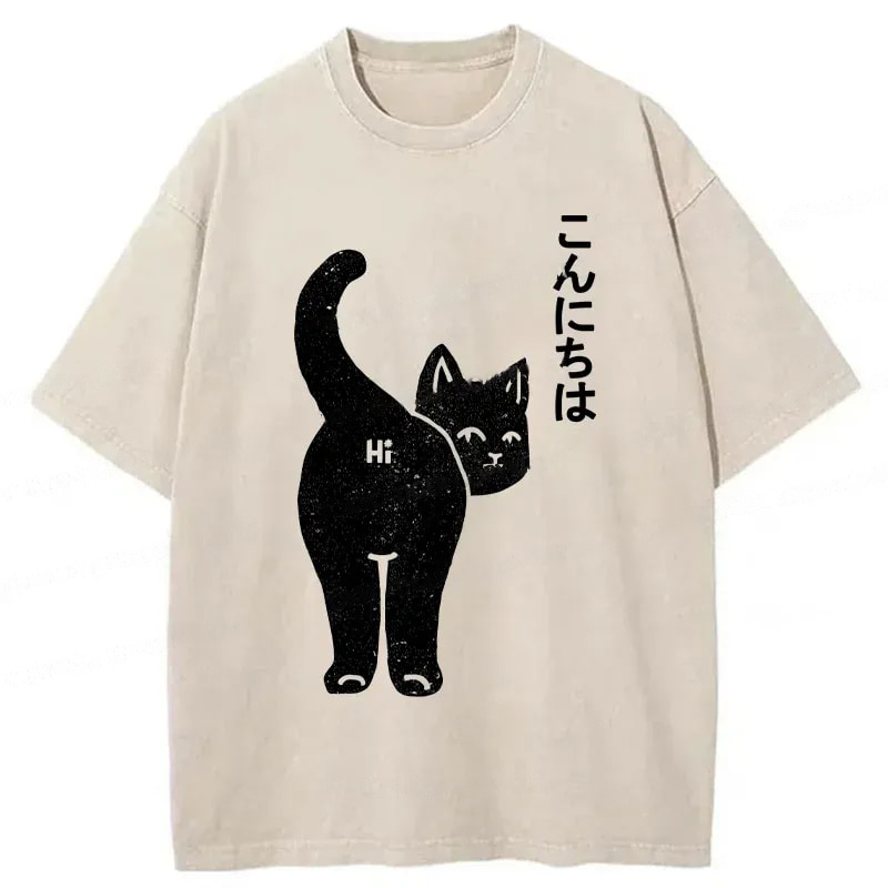 Modecanvas Cat Saying Hi Washed T-Shirt