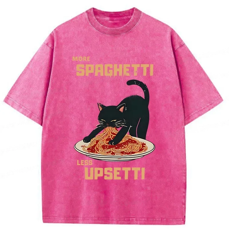 Modecanvas Cat Eating Spaghetti Funny Washed T-Shirt-modecanvas