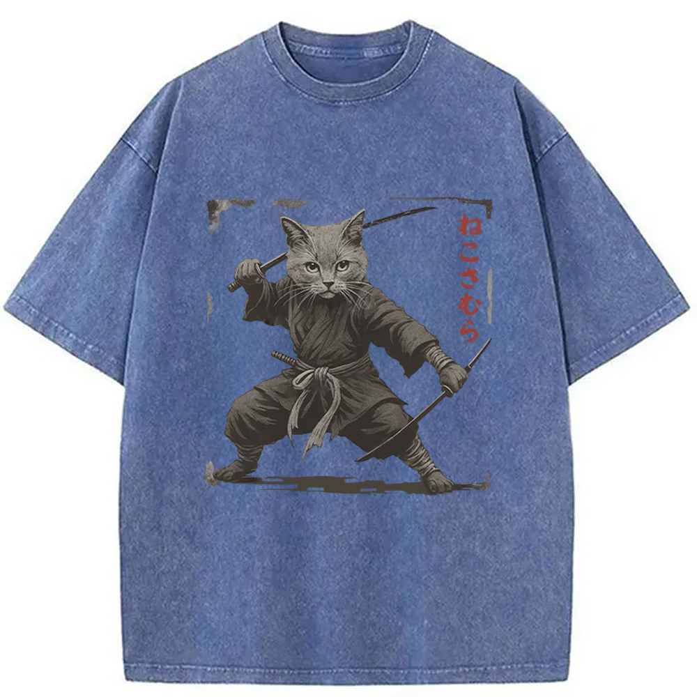 Modecanvas Handsome Cat Samurai Washed T-Shirt