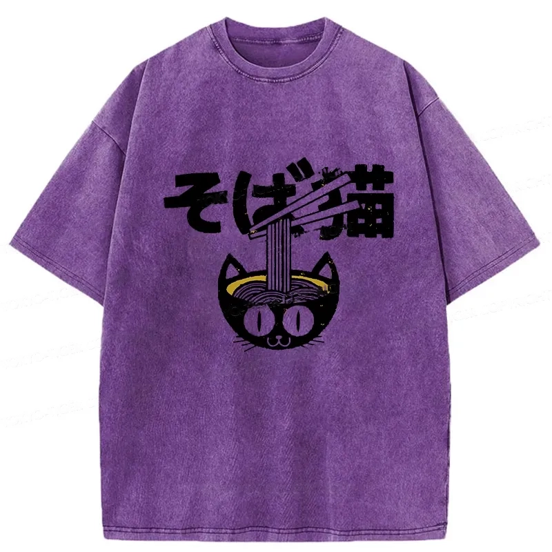 Modecanvas Cat Ramen Bowl Washed T-Shirt