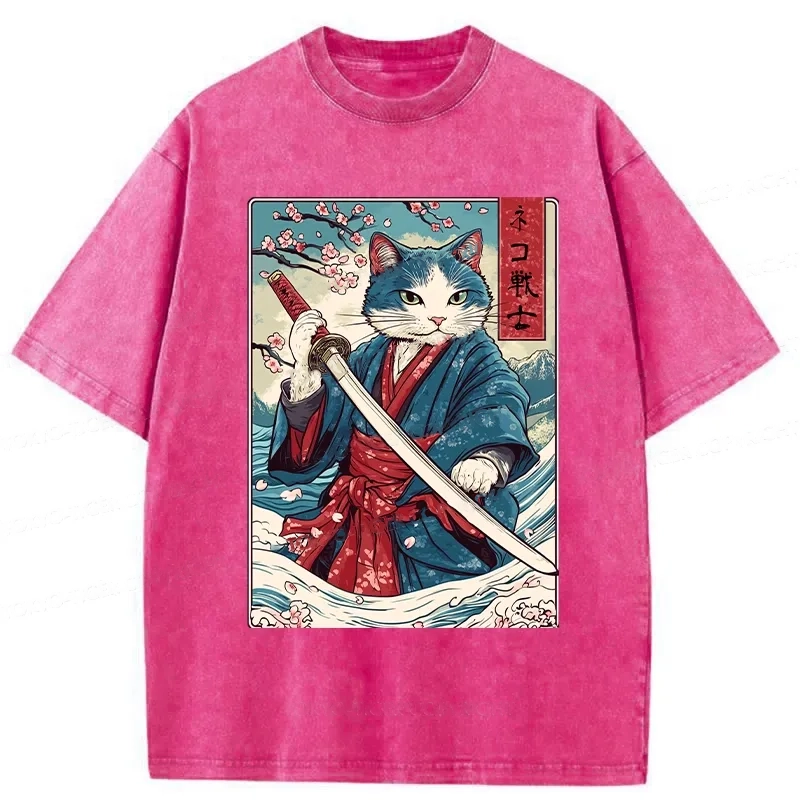 Modecanvas Japanese Cat Samurai Washed T-Shirt