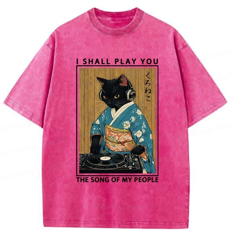 Modecanvas Funny Playing Music Black Cat Washed T-Shirt-modecanvas