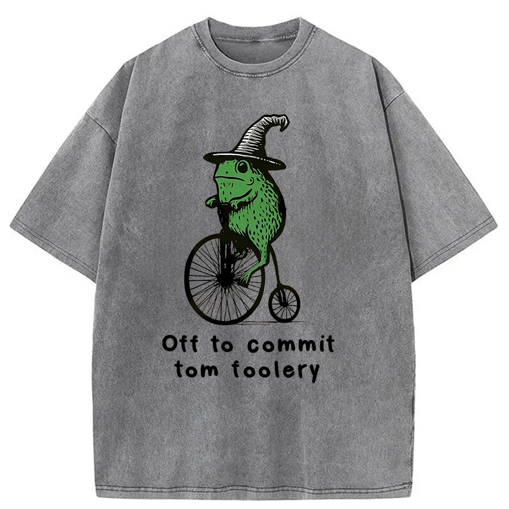 Modecanvas Frog Riding Penny-farthing Washed T-Shirt-modecanvas