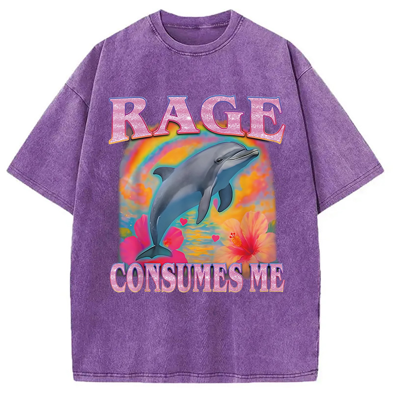 Modecanvas Rage Consumes Me Dolphin Meme Washed T-Shirt